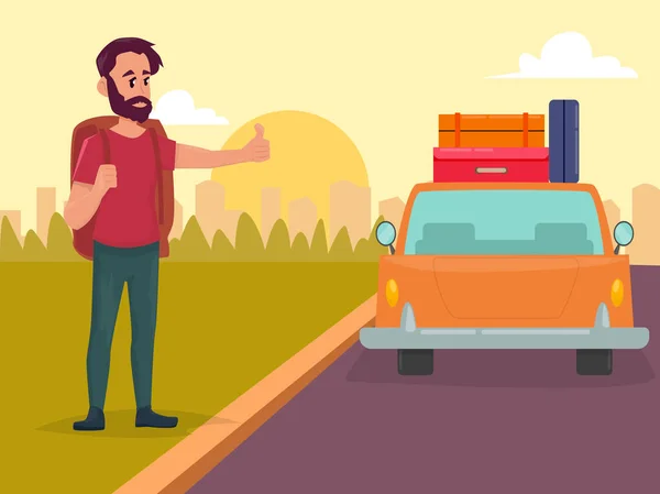 Autoestop Hombre Viaje Por Carretera — Vector de stock