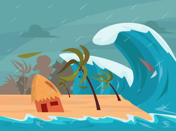 Tsunami Golven Het Strand Hits — Stockvector