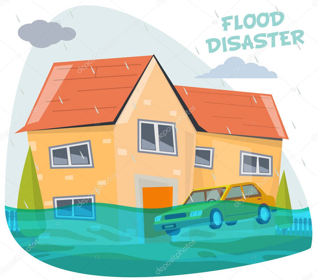 Cartoon house flood disaster