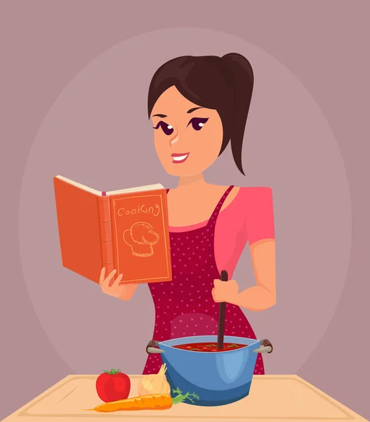 Mädchen Mit Kochbuch Und Kochen — Stockvektor