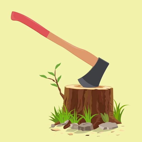 木の切り株の手斧 — ストックベクタ