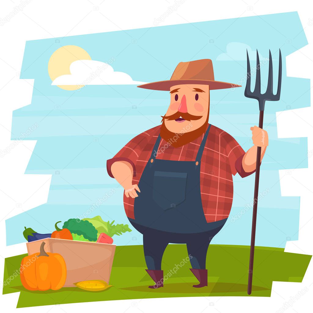 Farmer with fork and vegetables