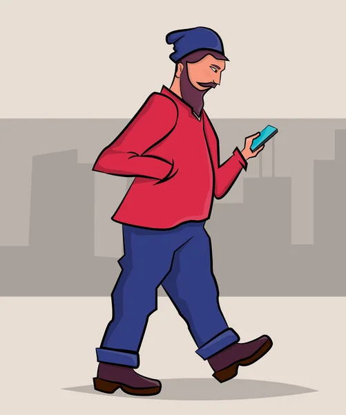 Mannen Med Smart Telefon Promenader — Stock vektor