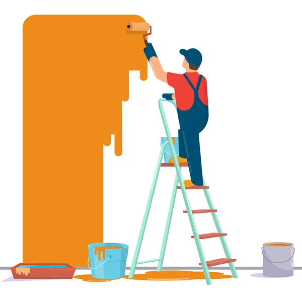 Pintor Escalera Pintura Pared — Vector de stock