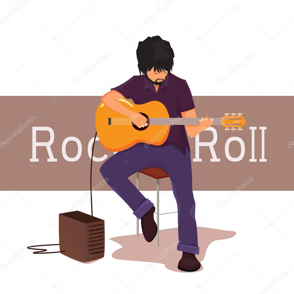 Man standing on chair and playing guitar