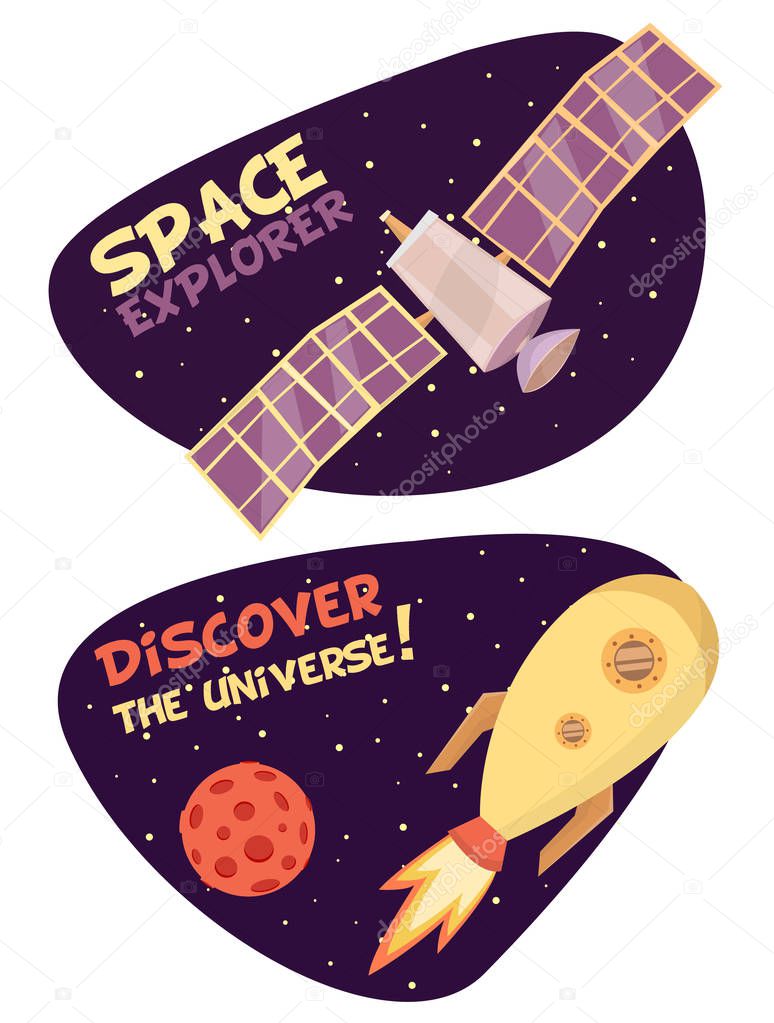 Space cartoon with spaceship and space probe