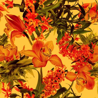 Taze tropikal vahşi çiçek deseni turuncu zemin üzerine