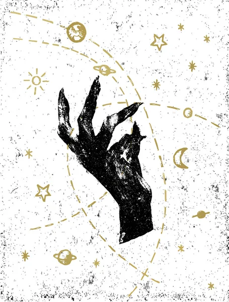 Black Witch Hand Met Symbolische Kosmos Illustratie Wit Gestructureerde Achtergrond — Stockvector