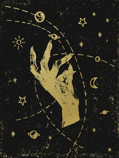 Witch Hand Met Symbolische Kosmos Illustratie Goud Zwart Geweven Achtergrond — Stockvector