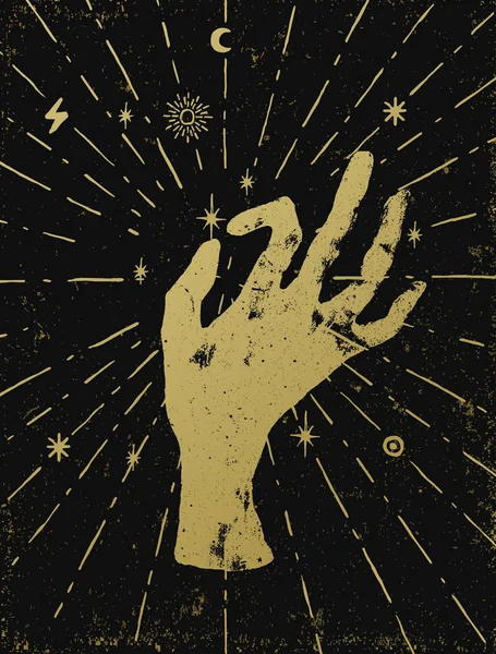 金の魔女の手光線と宇宙の元素記号 黒のテクスチャ背景のベクトル図 タトゥー ステッカー パッチやポスターの印刷デザイン — ストックベクタ