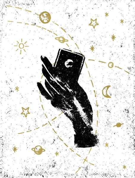 黒の白のテクスチャ背景の象徴的宇宙図と魔女の手 タトゥー ステッカー パッチやポスターの印刷デザイン — ストックベクタ