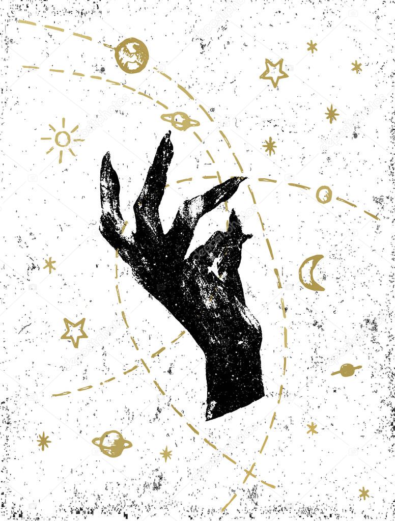 Black witch's hand with symbolic cosmos illustration on white textured background. Tattoo, sticker, patch or poster print design.