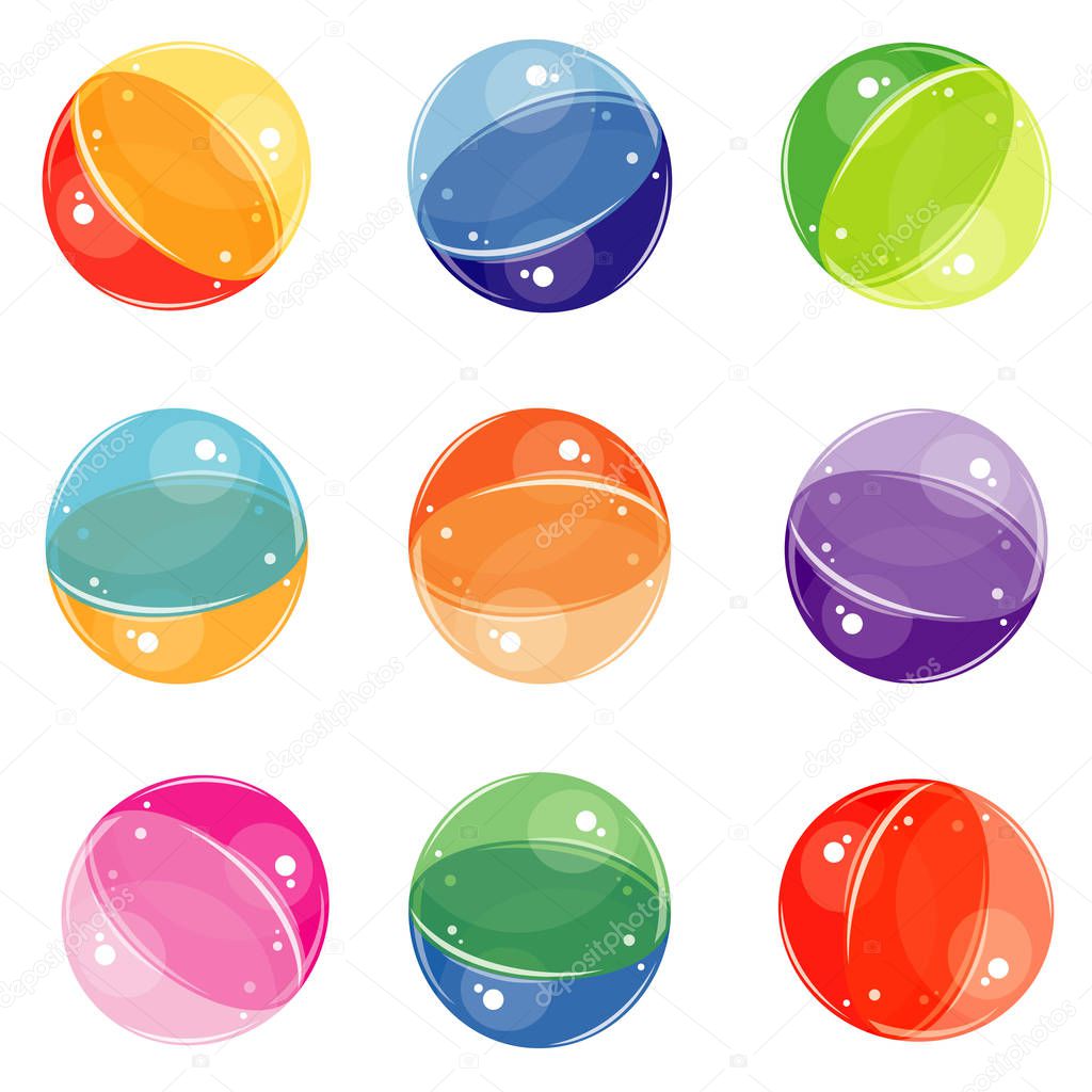 colorful bubbles of two parts of different colors, transparent empty balls rotated in different positions