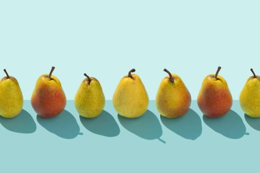 Multiple pears organized in a row over blue background clipart