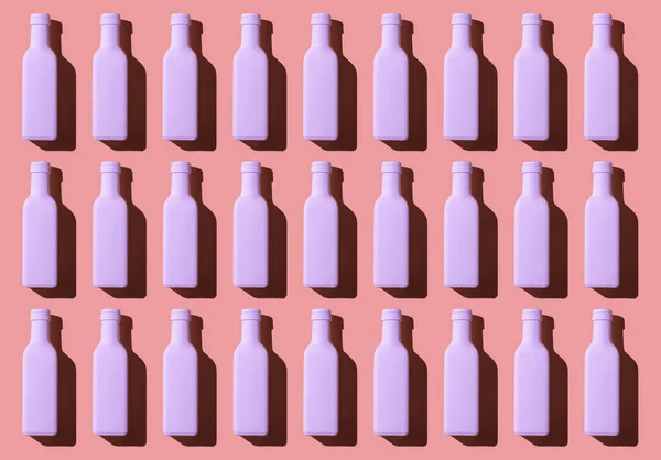 Kleurrijke Beschilderde Glazen Flessen Georganiseerd Een Rij Koraal Achtergrond — Stockfoto
