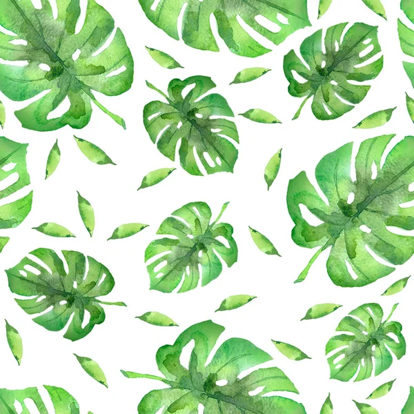 Seamless Pattern Whith Watercolor Green Palm Leaves — Stock Photo, Image
