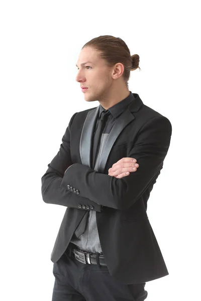 Retrato Homem Bonito Terno Preto Que Está Posando Sobre Fundo — Fotografia de Stock