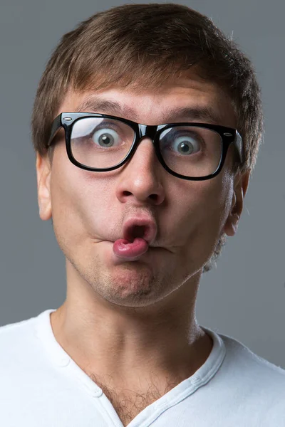 Man Makes Lots Crazy Face Emotions — Stock Photo, Image