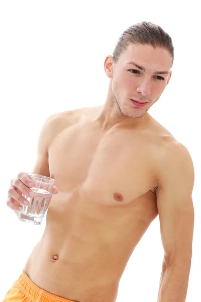 Porträtt Stilig Skjorta Man Som Dricker Vatten Över Vit Bakgrund — Stockfoto