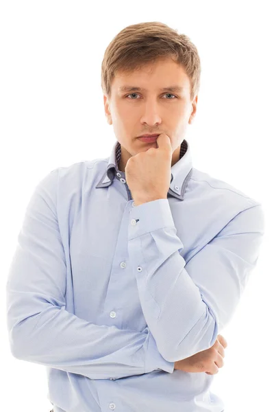 Handsome Man Blue Shirt Thinking White Background — Stock Photo, Image