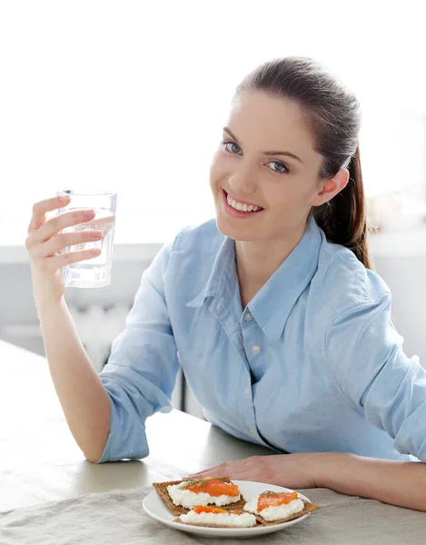 Morning Attractive Woman Delicious Breakfast — Stock Photo, Image