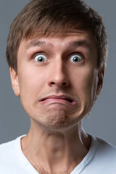 Man Makes Lots Crazy Face Emotions — Stock Photo, Image