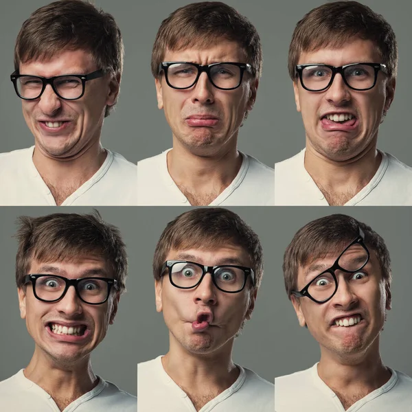 Hombre Hace Montón Emociones Caras Locas — Foto de Stock