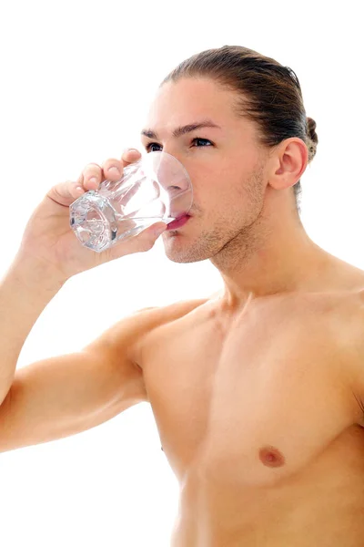 Portrait Handsome Shirtless Man Who Drinking Water White Background — Stock Photo, Image