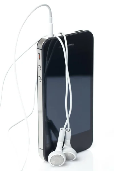 Технології Смартфон Навушниками Білому Тлі — стокове фото
