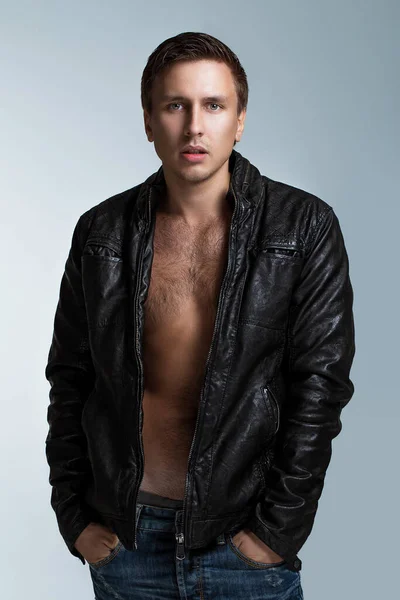 Portrait Handsome Man Who Covers His Naked Body Leather Jacket — Stock Photo, Image