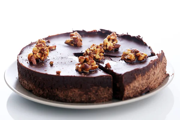 Leckerer Leckerer Schokoladenkuchen Auf Dem Tisch — Stockfoto