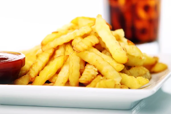 Potato Fry Ketchup Fresh Cola Drink White Background — Stock Photo, Image