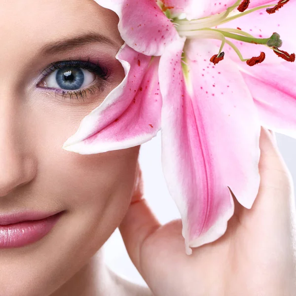 Portrait Beautiful Woman Pink Lily Flower Royalty Free Stock Images