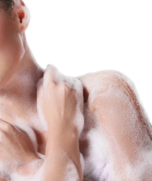 Zeepschuim Wassen Vrouw Een Witte Achtergrond — Stockfoto