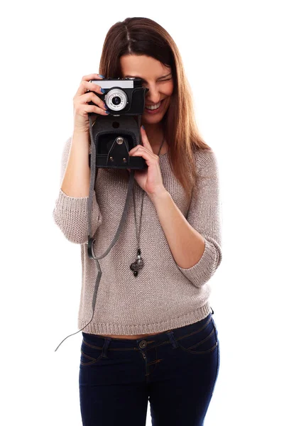 Menina Bonita Posando Com Câmera Estúdio — Fotografia de Stock