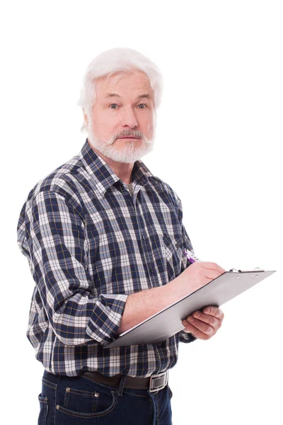 Knappe Oudere Man Met Grijze Baard Schrijven Geïsoleerd Witte Achtergrond — Stockfoto