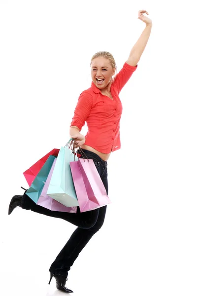 Happy Woman Colorful Shopping Bags White Background — Stock Photo, Image