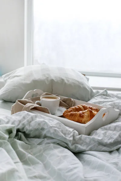 Bom Dia Pequeno Almoço Cama — Fotografia de Stock