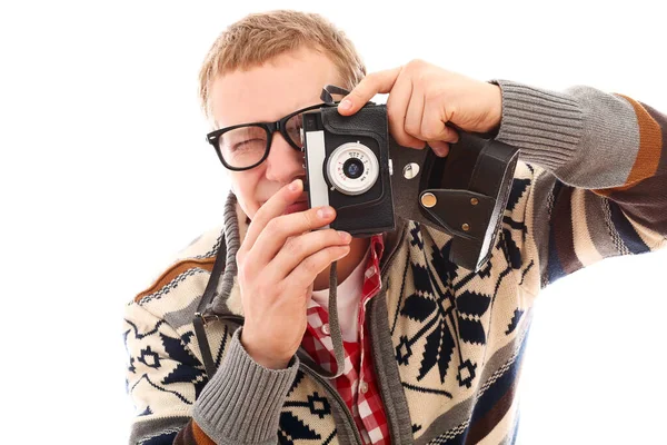 Blond Man Glasses Posing White Background — Stock Photo, Image