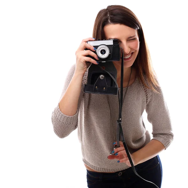 Menina Bonita Posando Com Câmera Estúdio — Fotografia de Stock