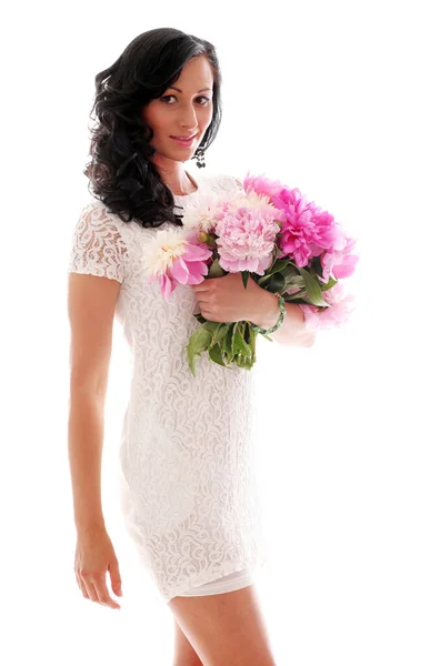 Beautiful Caucasian Woman Bouquet Peonies — Stock Photo, Image