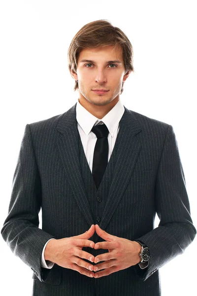 Selbstbewusster Und Gutaussehender Geschäftsmann Anzug Posiert Auf Weißem Hintergrund — Stockfoto