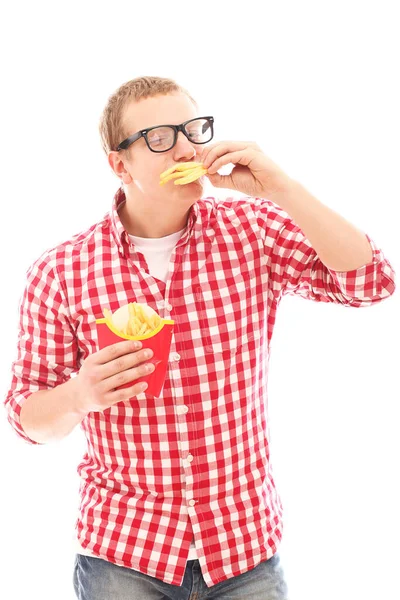 Homme Blond Avec Des Lunettes Posant Sur Fond Blanc — Photo