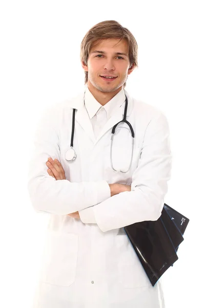 Retrato Médico Jovem Bonito Sobre Branco — Fotografia de Stock