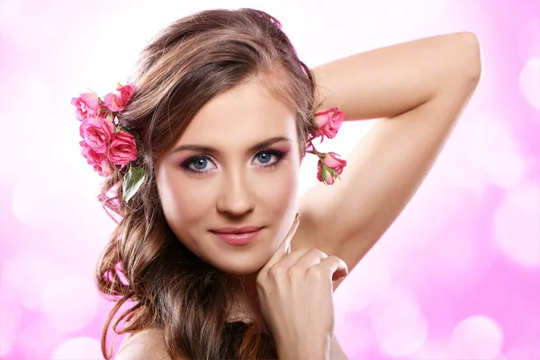 Beautiful Woman Roses Hair Pink Background Stock Photo