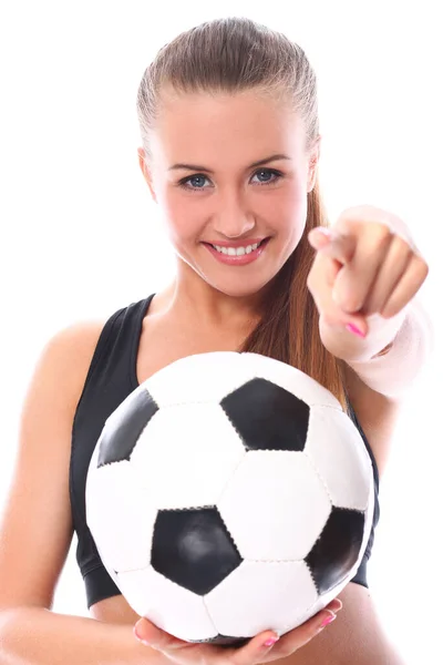 Menina Jovem Sexy Com Bola Futebol Sobre Fundo Branco — Fotografia de Stock
