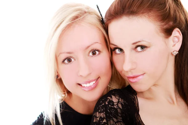 Två Vackra Flickvänner Vit Bakgrund — Stockfoto