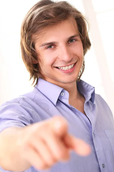 Portrait Handsome Smiling Guy Pointing Camera — Stock Photo, Image