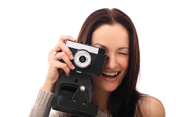 Beautiful Brunette Woman Posing Camera Studio — Stock Photo, Image