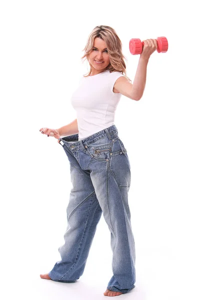 Feliz Mujer Mediana Edad Posando Perdiendo Peso Concepto — Foto de Stock